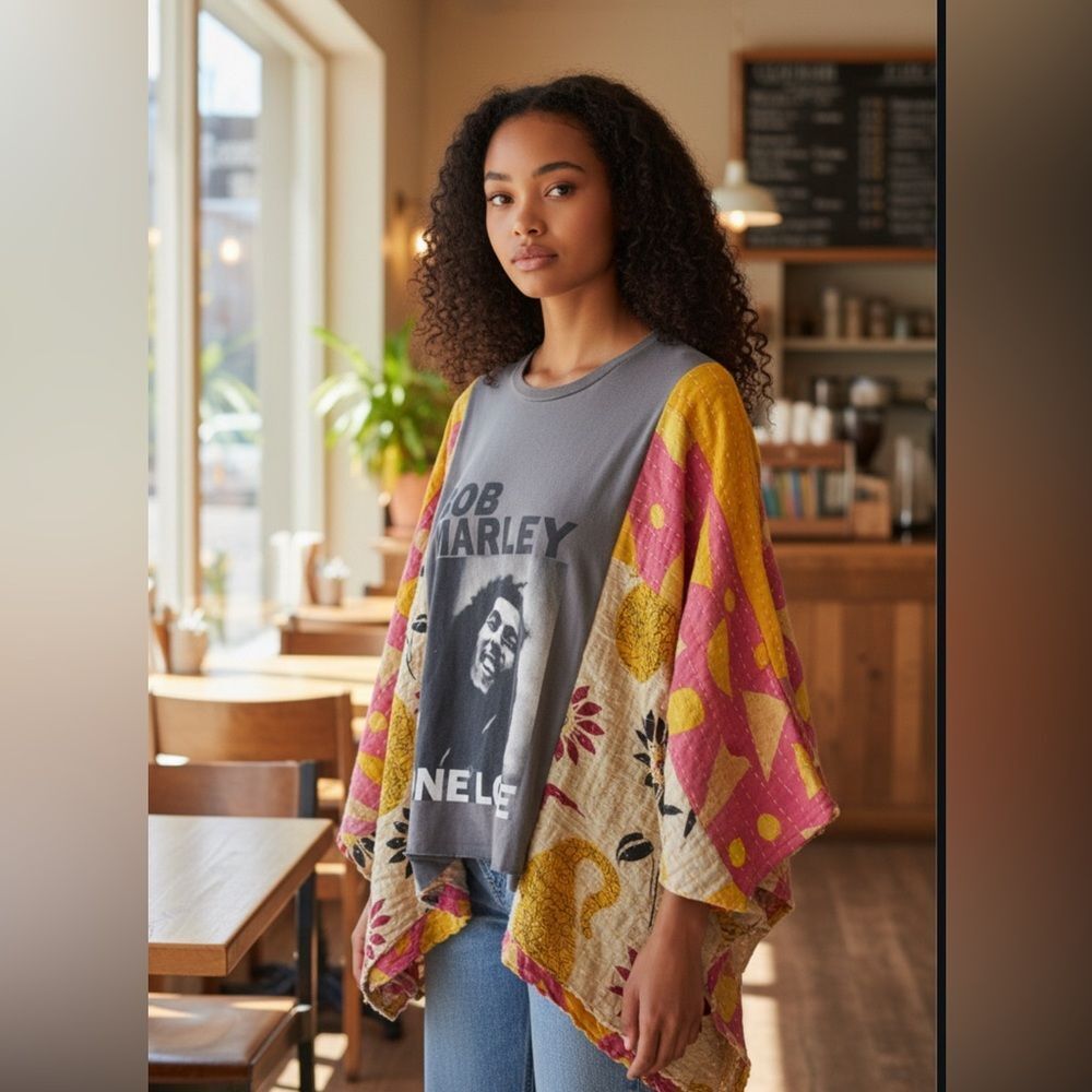 Kantha Kimono Up cycled Bob Marley T-shirt one of a kind